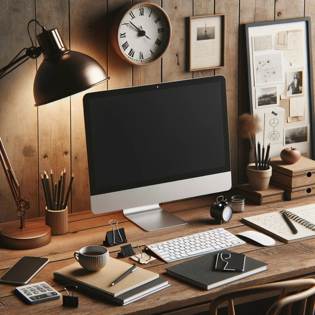 minimalistisk skrivebord med en stilfuld skrivebordslampe