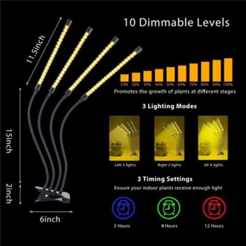 LED grolys lampe med 4 arme og clip 20Watt fulspektrum hvid lys