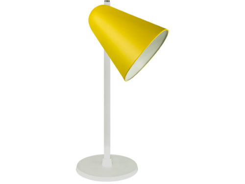 Capelo hvid bordlampe af genbrugsmetal med gul lampeskærm