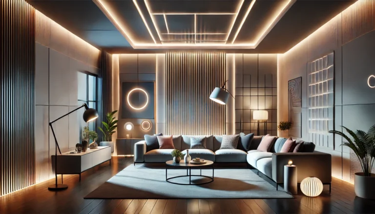 DALL·E 2024 08 30 10.18.34 A modern sophisticated living room designed to highlight the use of LED lighting perfect for a front page website banner. The room features LED stri