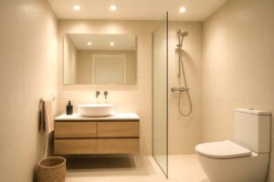 Badrum med infällda LED-spotlights och modern inredning