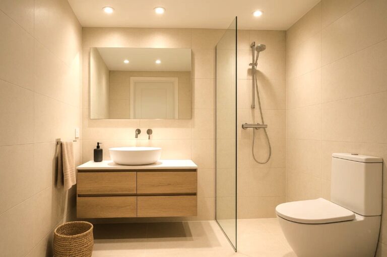 Badrum med infällda LED-spotlights och modern inredning