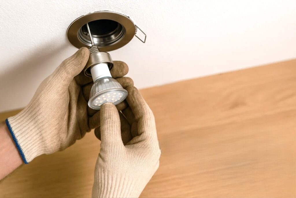 Elektriker installerer en GU10 LED-pære i indbygningsspot i loftet med korrekt værktøj og teknik