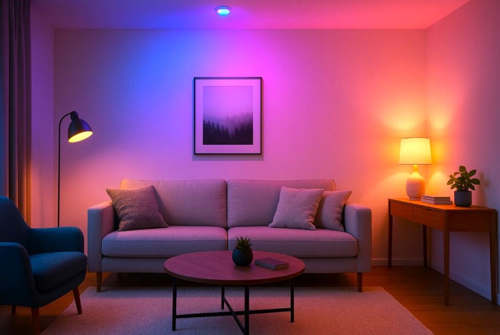 Stue med RGB GU10 LED-pære, der skifter farver og skaber stemningsfuld belysning