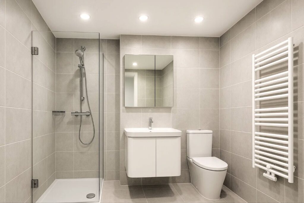 Badeværelse med GU10 LED-indbygningsspots, der giver klart og naturligt lys.