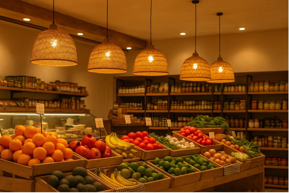 Rottingpendellampor skapar en varm atmosfär i delikatessavdelningen i en livsmedelsbutik.