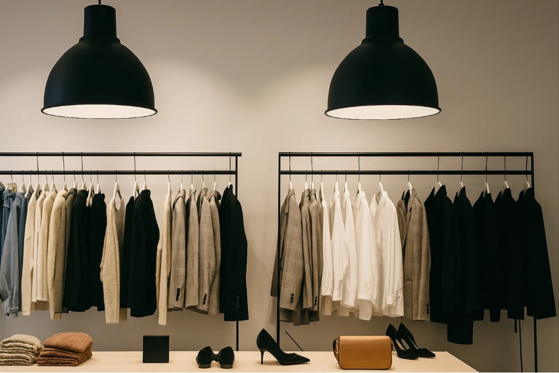 Stora pendellampor i svart metall skapar iögonfallande detaljer i klädbutiker