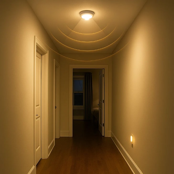 Sensorlamper i privat gang, der giver behagelig belysning i korridoren og tænder automatisk ved bevægelse