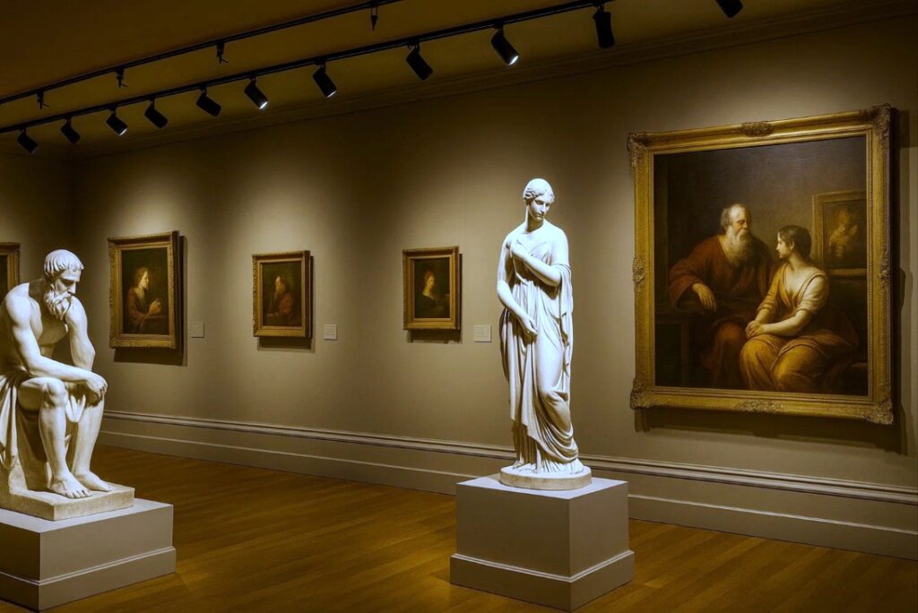 LED-skinnespots fremhæver skulpturer og malerier i et museum