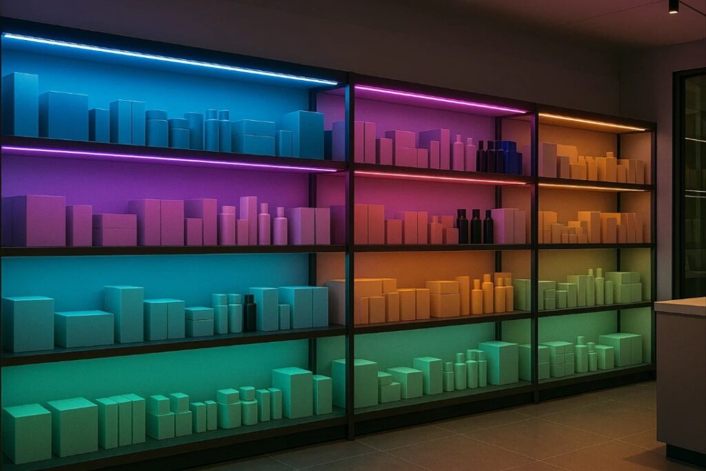 LED strips til butiksbelysning på hylder i moderne butik