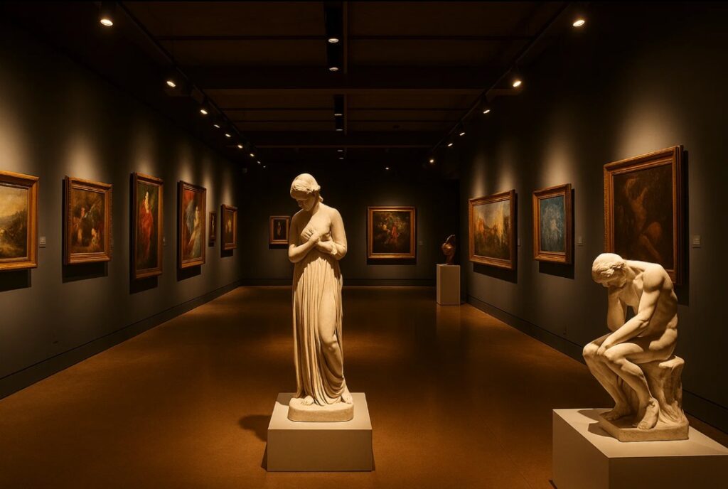 Interiør af et moderne museum med LED-skinnespots, hvor kunstværker og skulpturer fremhæves under varmt lys.