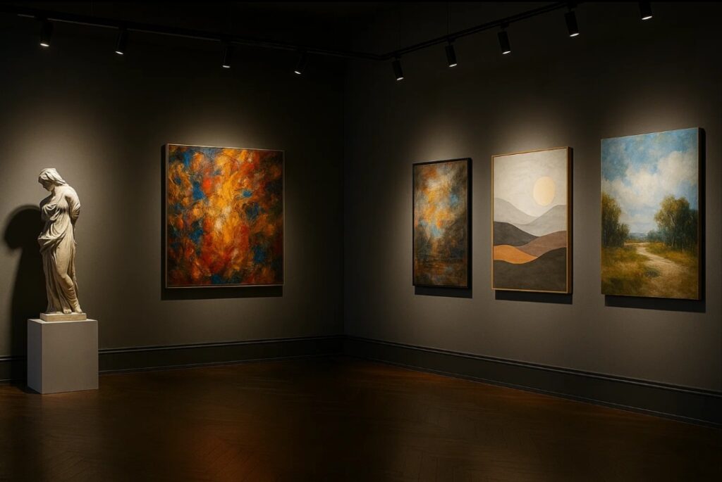 Et moderne gallerirum med justerbare spotlights, hvor kunstværker fremstår tydeligt