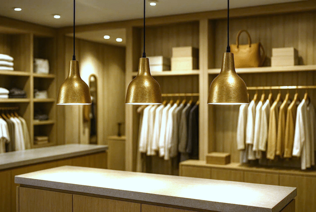 Pendellamper som butiksbelysning over diske og udstillingsområder