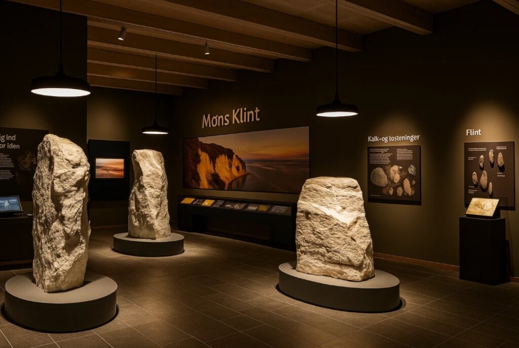 GeoCenter Møns Klint med energieffektive LED-lamper, der fremhæver geologiske udstillinger