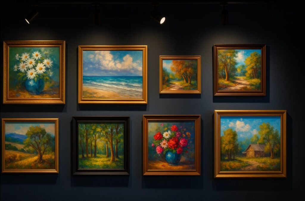 Gallerivæg med malerier belyst af LED-skinnespots med høj farvegengivelse