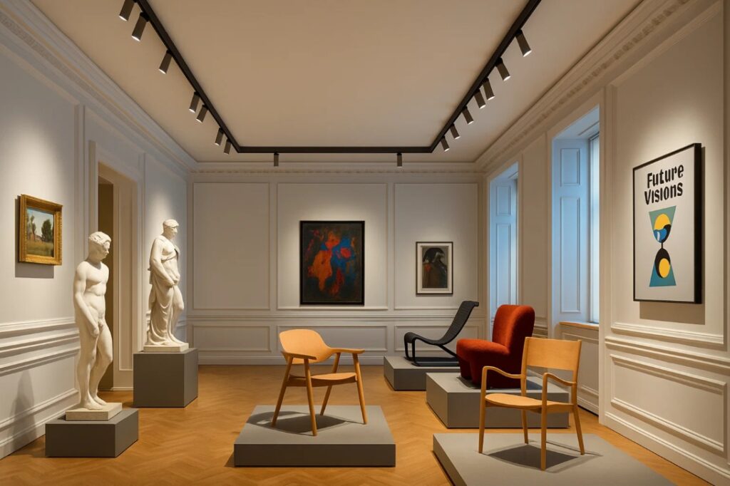 Designmuseum Danmark med LED-skinnespots, der fremhæver malerier.