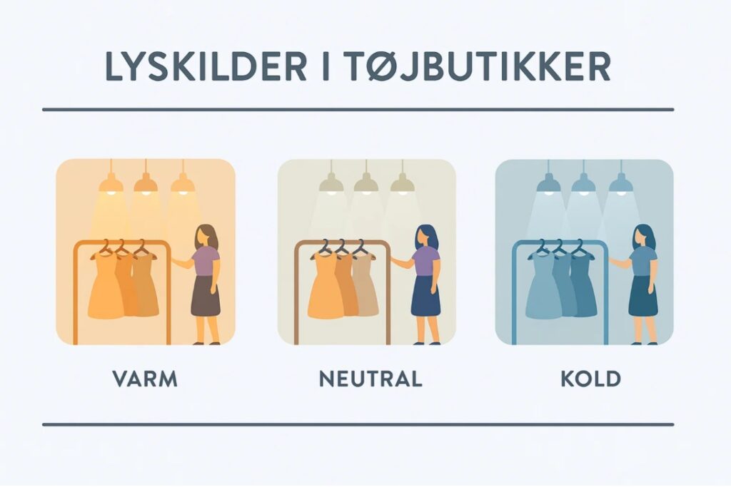 Farvetemperatur i tøjbutik – varm, neutral og kold belysning