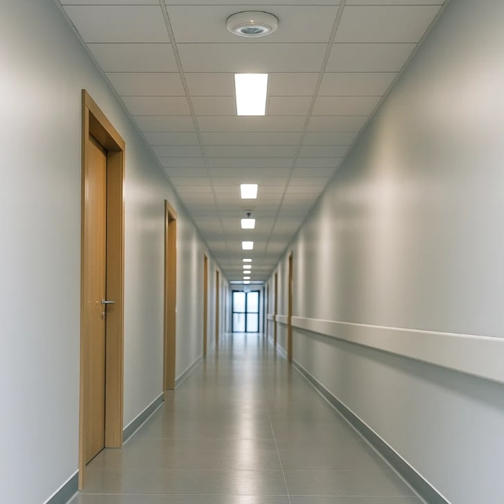 Sensorlampa monterad i korridor i kontorsbyggnad tänds automatiskt vid rörelse, vilket skapar säkra och effektiva gemensamma utrymmen