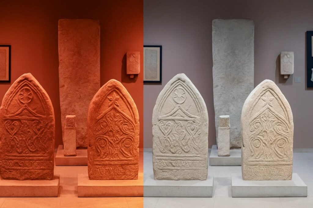 Sammenligning mellem traditionel halogenbelysning og moderne LED-belysning i et museum.