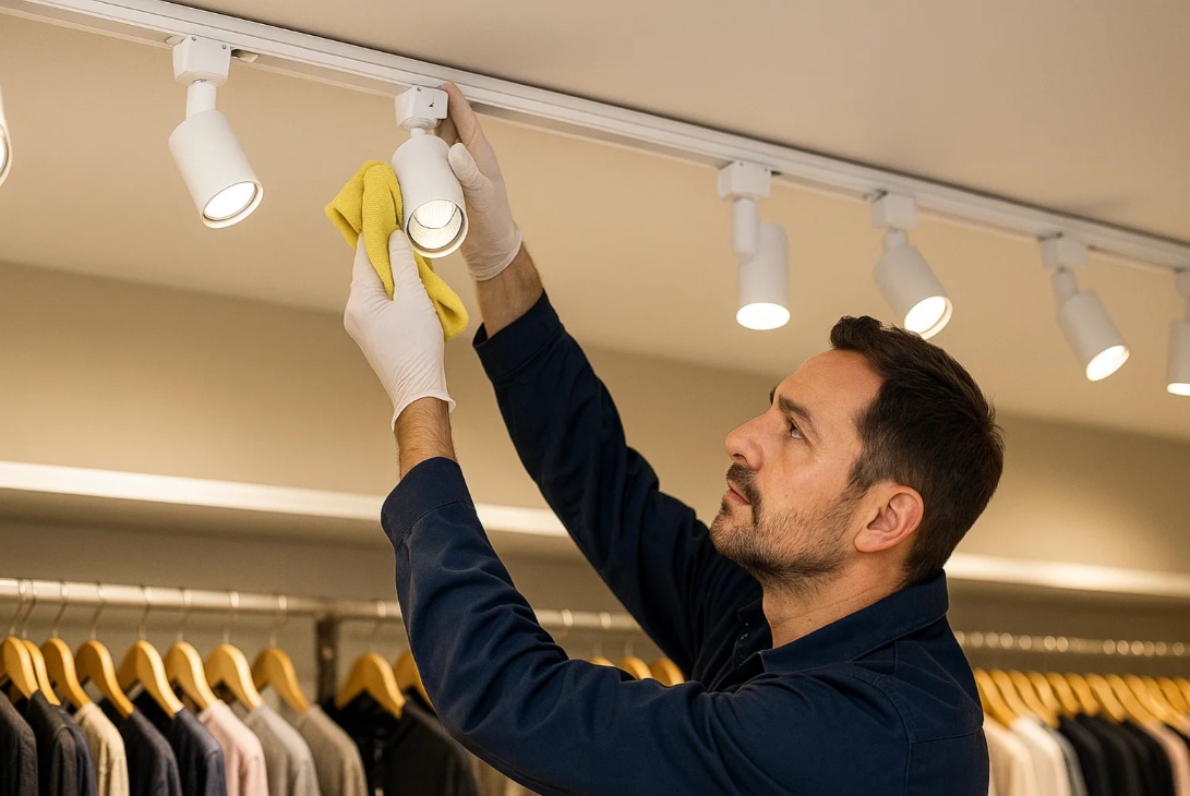 Tekniker rengør og vedligeholder skinnespots (tracklights) i butik, optimal belysning