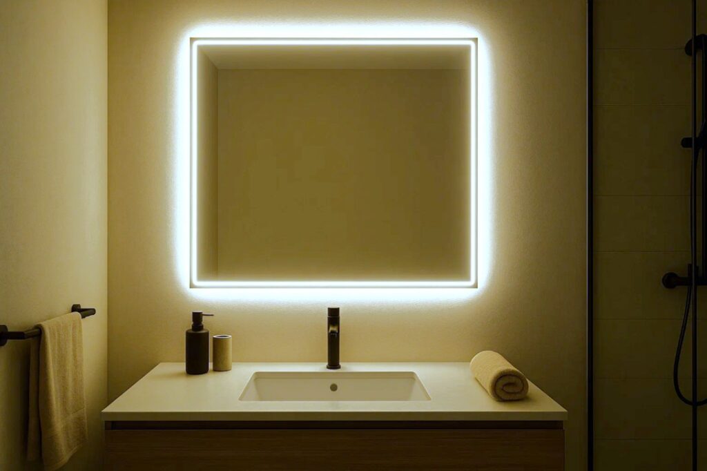 LED-strips installeret rundt om spejl på badeværelset
