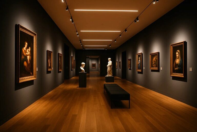 Moderne museumsgalleri med LED-belysning fra Sunflux, der fremhæver kunstværker og skaber stemning