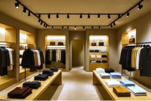 Butik med LED-strålkastare och strömskenor, produkter som lyfts fram, välkomnande och professionell atmosfär