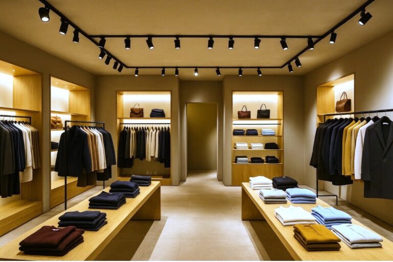 Butik med LED skinnespots og tracklights, produkter fremhævet, indbydende og professionel atmosfære