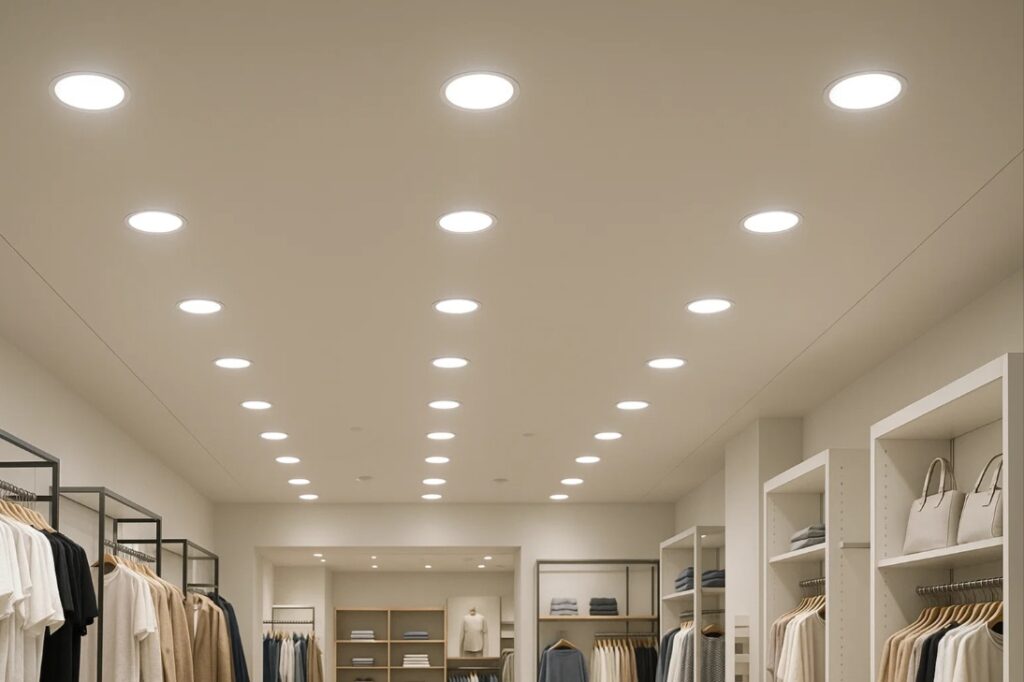 Loftbelysning i butik med energieffektive LED lamper