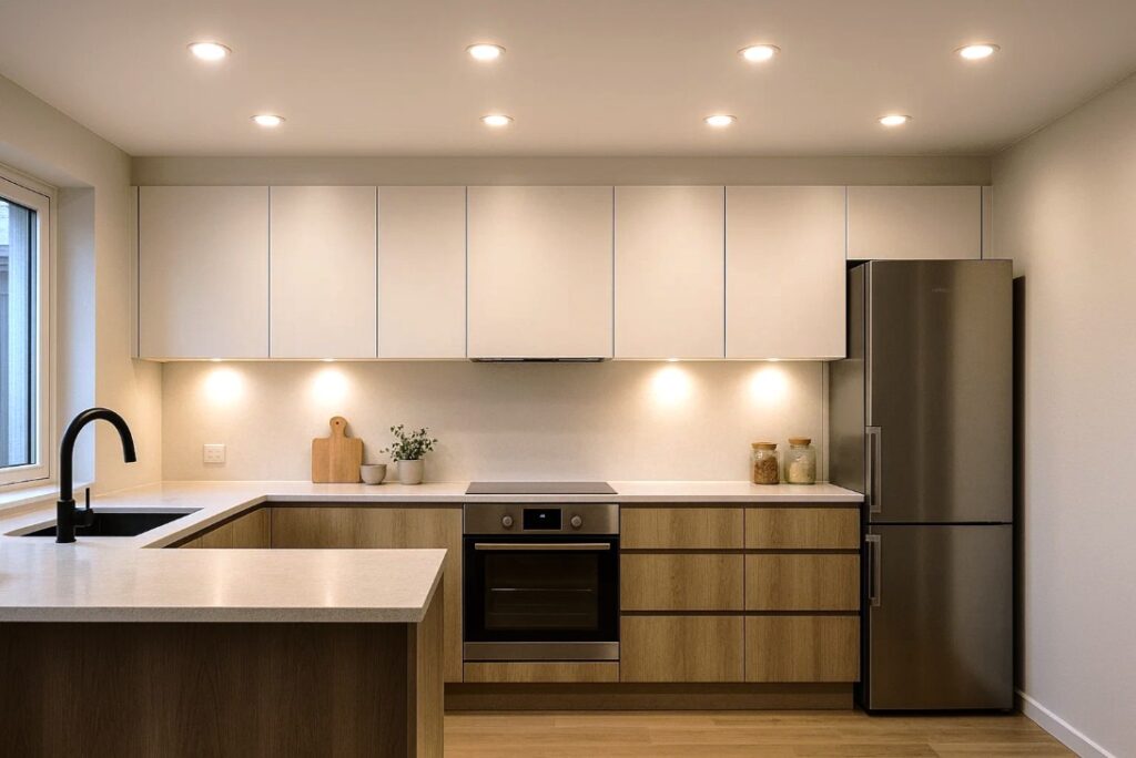 Kök med installerade infällda LED-strålkastare, jämn belysning och modern design