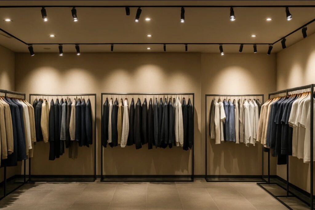 Spotlys fremhæver tøj på stativer i tøjbutik