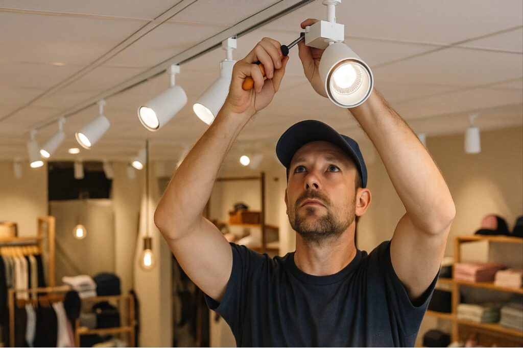  Professionel monterer skinnespots (tracklights) i butik, sikker og korrekt installation