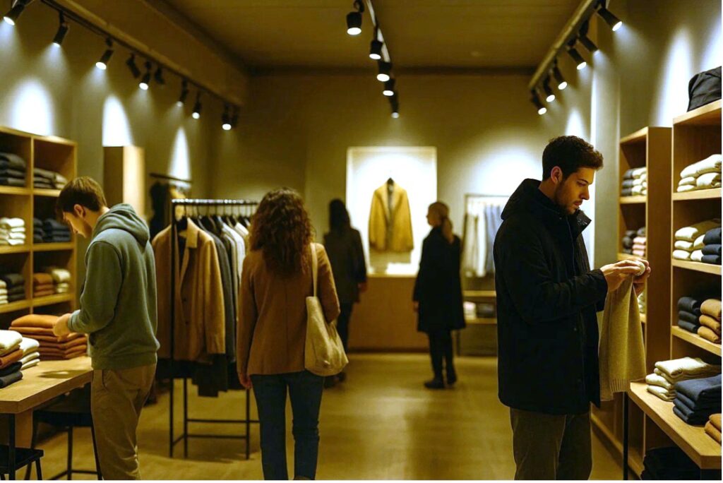  Butik med fokusområder fremhævet af skinnespots (tracklights), varmt og indbydende lys