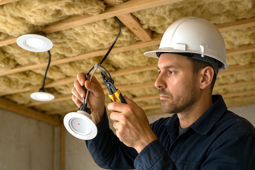 Auktoriserad elektriker installerar infälld LED-strålkastare i isolering