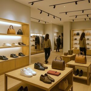 Översikt över en modern detaljhandelsbutik med väl avvägd belysning. Det omgivande ljuset skapar en behaglig atmosfär, medan accentstrålkastare framhäver viktiga produkter som skor och accessoarer. Kundernas uppmärksamhet styrs naturligt mot utvalda artiklar, vilket förbättrar både upplevelsen och produktpresentationen.