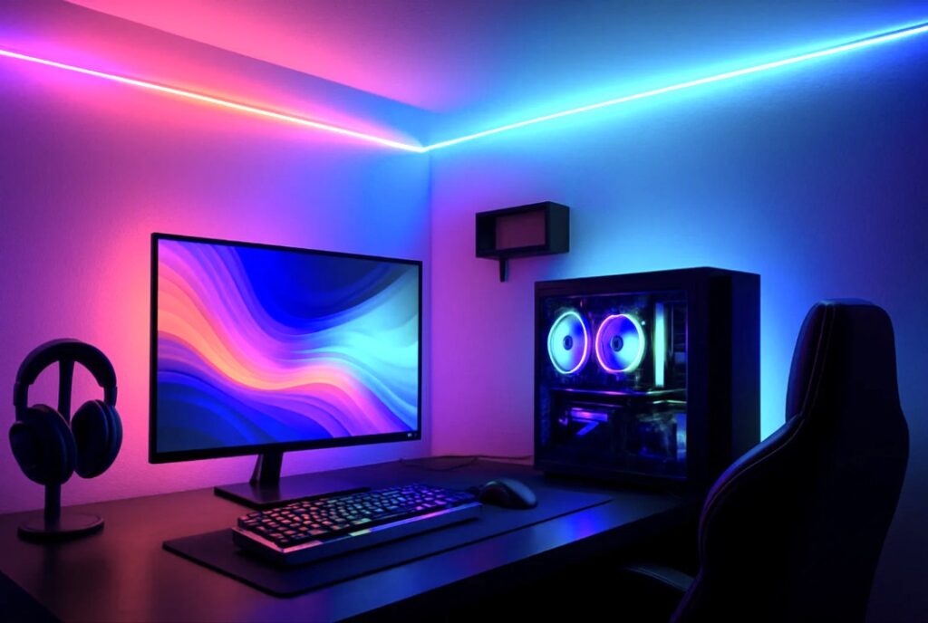 LED lys til gamer værelse med RGB bånd bag skærm
