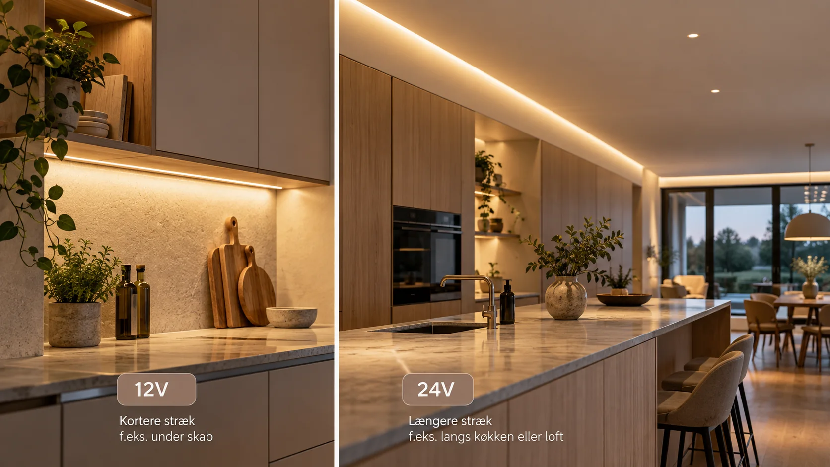 Jämförelse mellan 12 V- och 24 V-LED-remsor i köket