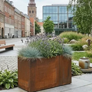 Plantekumme i 5 mm rust stålplade. 120 x 40 x 60 cm. (uden hjul)