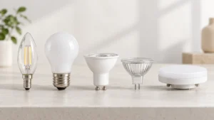 LED-lampor med olika fattningar i rad