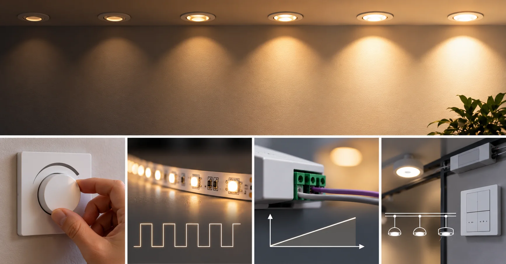 Illustration af lysdæmper, PWM, 1-10V og styring af LED belysning