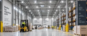 LED-hallbelysning belyser en lagerhall med höga hyllor