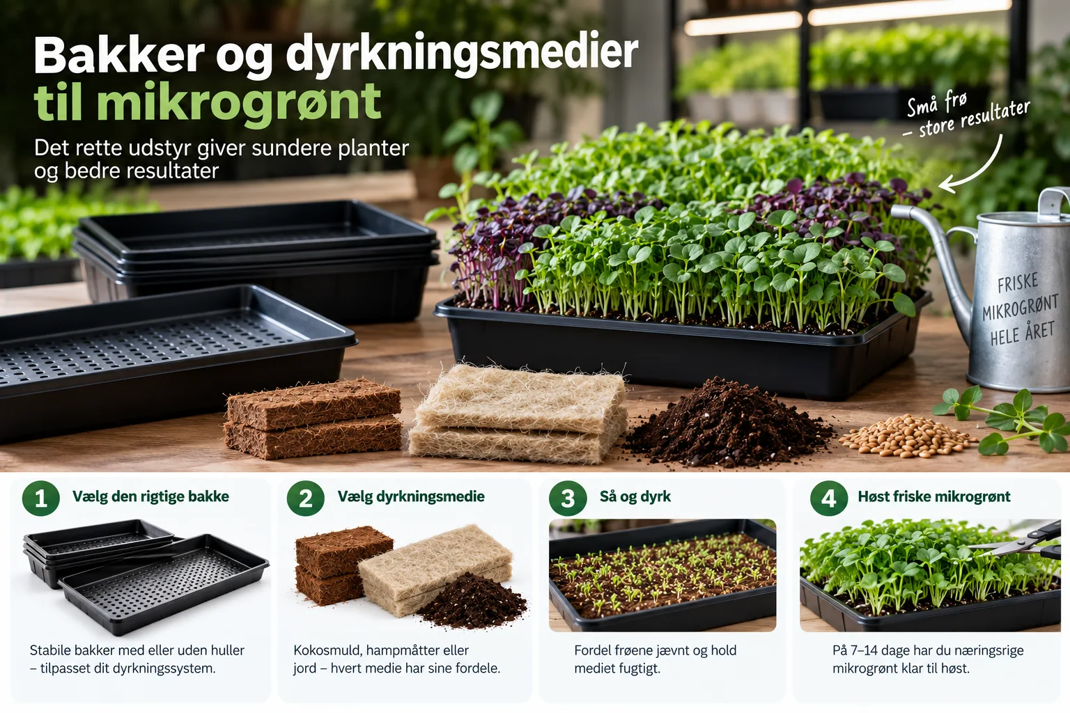 Guide til valg af bakker og dyrkningsmedier til mikrogrønt, fra såning til høst