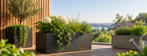 Plantekasser på solrig terrasse