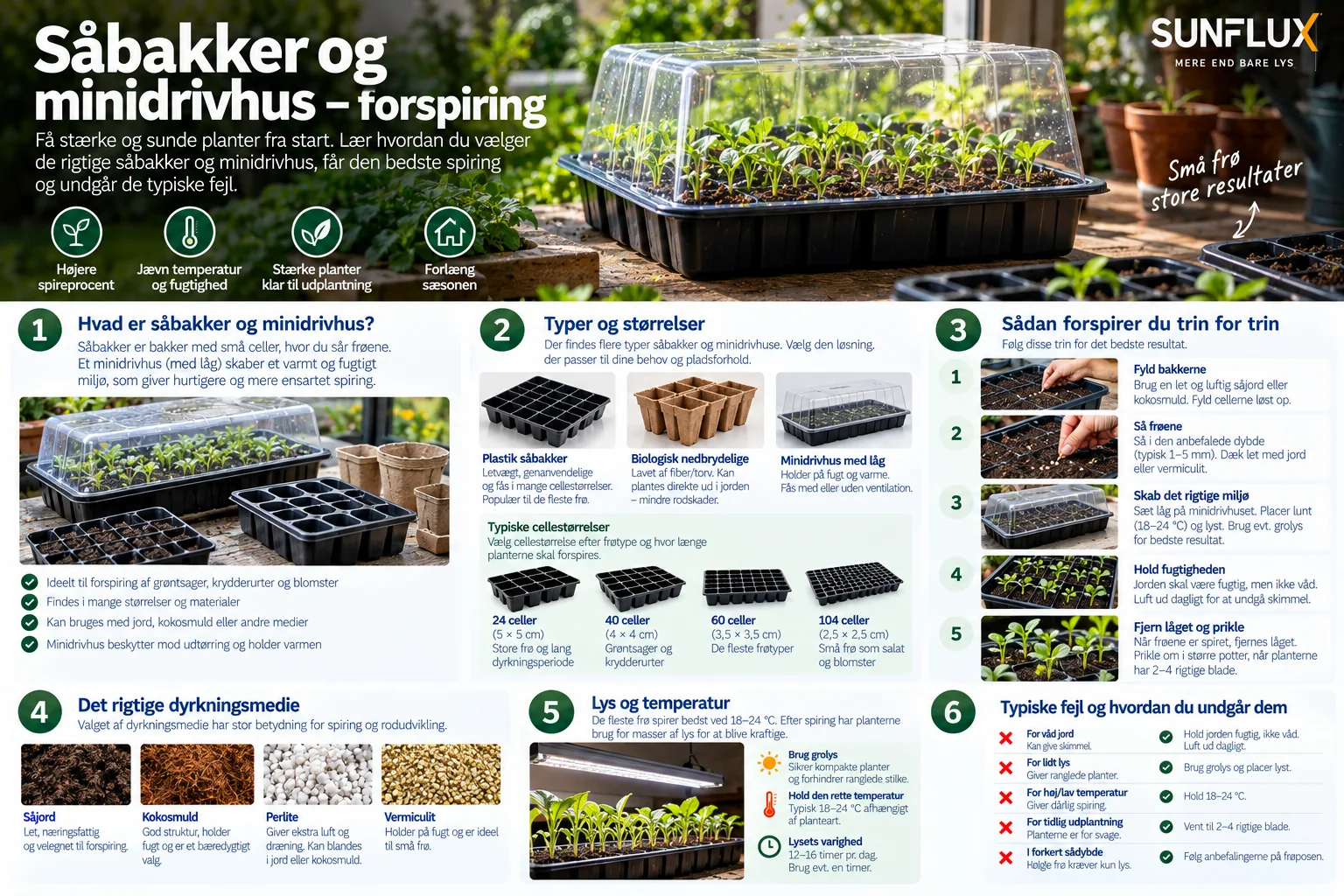 Infografik om valg af såbakker og minidrivhus samt korrekt forspiring
