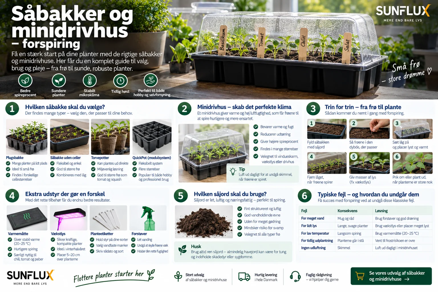 Infografik om valg af såbakker og minidrivhus til forspiring