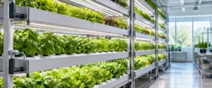 Vertical farming med planter og grolys i reoler