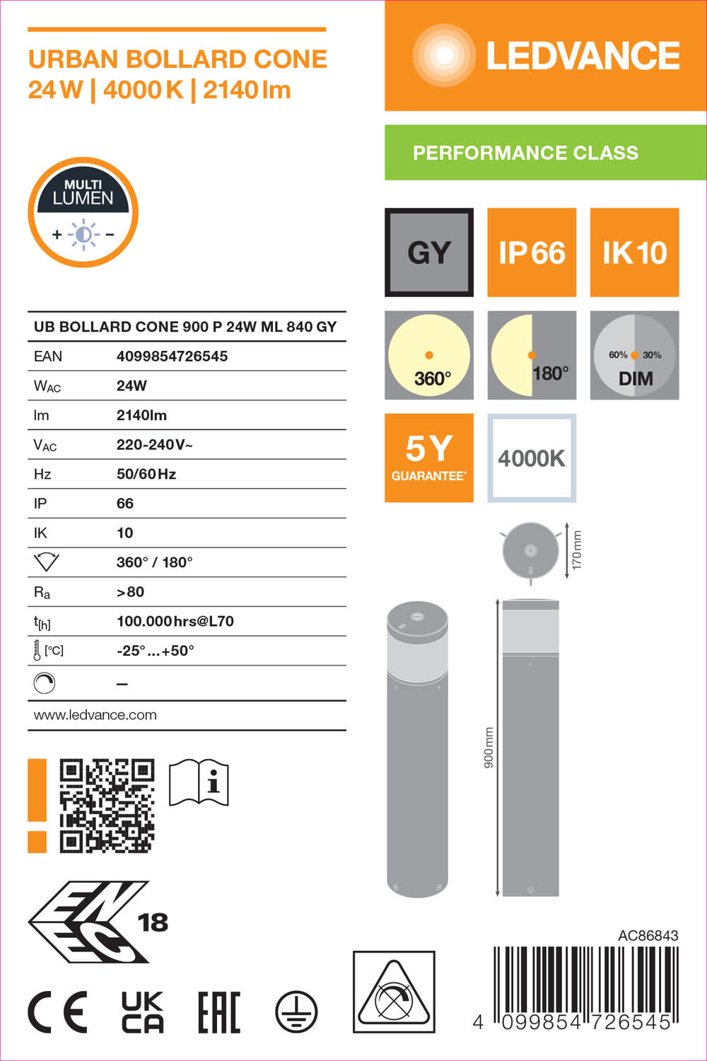 Ledvance Urban Bollard Cone multi lumen 2140lm 24W/840 900mm grå produktfoto 3