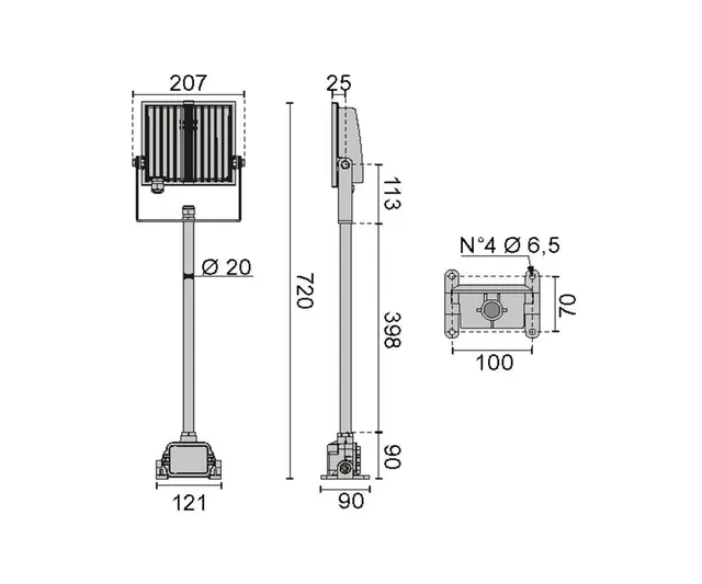 GUELL ZERO KIT S/M 15W sort, producentens måltegning for armaturserie, 720 mm samlet længde og 207 mm armaturbredde