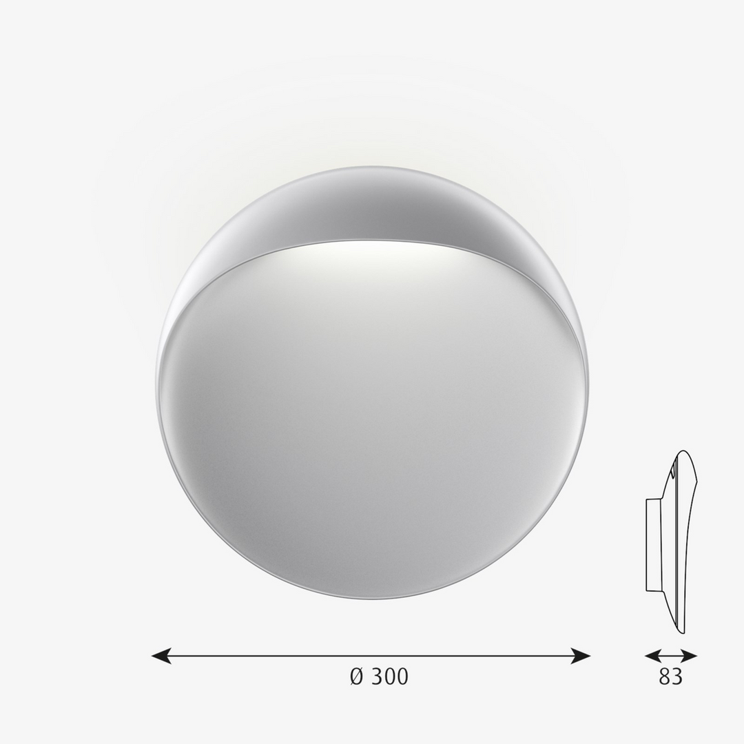 Louis Poulsen Flindt Wall Ø300 hvid struktur, producentillustration med diameter 300 mm og dybde 83 mm, varenr. 5747402144