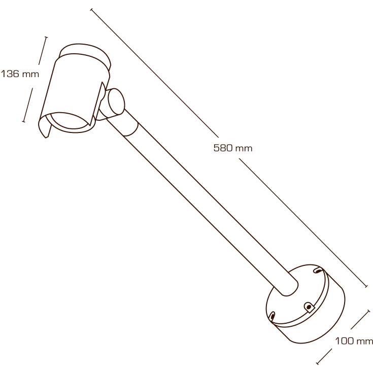 Scan Products Inna Sign skyltspot – måttskiss, 580 mm stång och 136 mm huvud